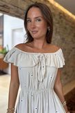 Made in Italy Forget Me Knots Bardot Shirring Dress Stone /8 =